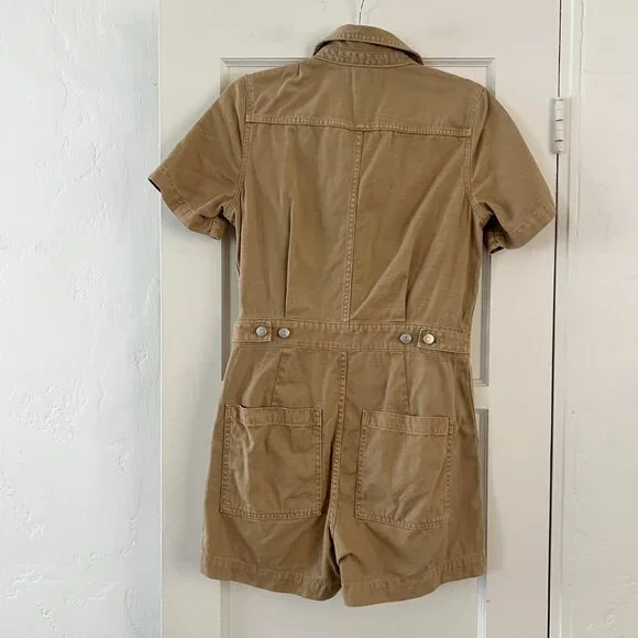 Madewell Garment Dyed Relaxed Coverall Shorts Jumpsuit Khaki Tan Size S